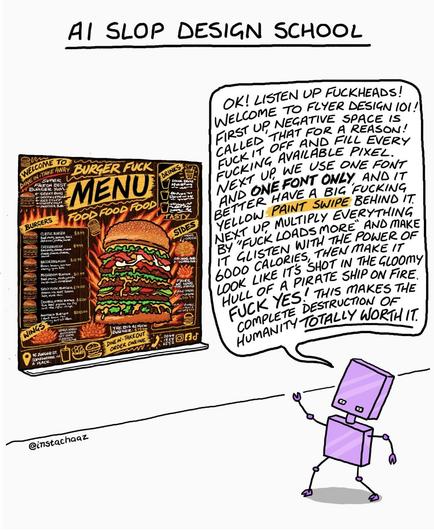 A cartoon drawing of a purple robot standing next to a burger menu with a speech bubble. The menu is titled "AI SLOP DESIGN SCHOOL" with the text "WELCOME TO BURGER FUCK FOOD MENU" and the speech bubble reads "OK! LISTEN UP FUCKHEADS! WELCOME TO DESIGN 101! FIRST UP NEGATIVE SPACE IS CALLED THAT FOR A REASON! GET RID OF EVERY FUCK THAT'S AVAILABLE! FILL EVERY SECOND BACKING UP USE A FONT ONE FONT BETTER HAVE A FUCKING YELLOW PAINT SHAPE BEHIND IT! MULTIPLY EVERYTHING! MULTIPLY EVERYTHING! MAKE IT GLISTENING WITH THE POWER OF 6000 TIMES! THE GLISTENING LOOK LIKE A PIRATE SHIP ON FIRE! HULK YES! THIS MAKES THE COMPLETE DESTRUCTION OF HUMANITY! TOTALLY WORTH IT!"