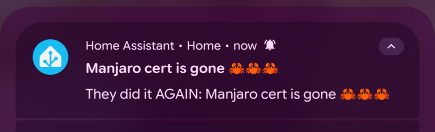 A screenshot of a notification: Home Assistant, Home, now (bell icon)

Manjaro cert is gone 🦀🦀🦀
They did it AGAIN: Manjaro cert is gone 🦀🦀🦀