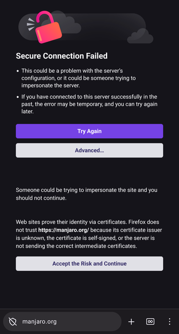An error message from Firefox, stating that a secure connection to manjaro.org isn't available.