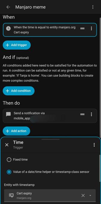 A GUI representation of the text above, a clock icon represents the "time is equal" condition, and a certificate icon represents "cert expiry".
The action is described as "Send a notification", with the phone name redacted