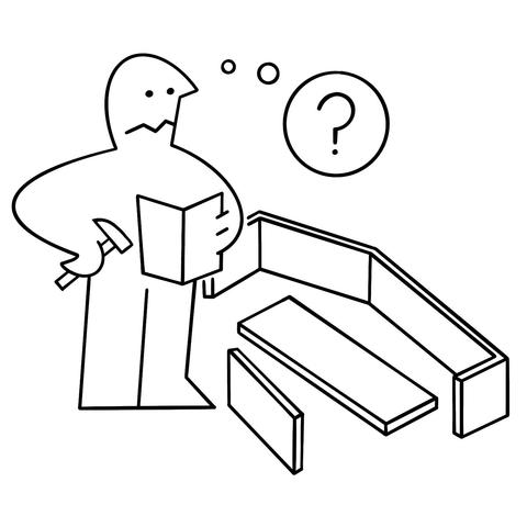 A black and white line drawing of the confused IKEA guy from the building instruction manuals. He is holding a hammer in one hand and a manual in the other and looking at it with a puzzled look on his face. A thought bubble with a question mark in it is coming away from his head to the right. A partly built coffin is in pieces at his feet. Like the official IKEA art, the lines are black and uniform in width. The background is white.