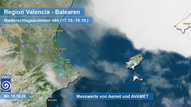 48-stündige Niederschlagsmengen zwischen dem 17. und 19. Oktober 2026 in den spanischen Provinzen Valencia und Alicante sowie auf den westlichen Balearen
