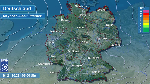 Deutschlandkarte mit der Vorhersage der Linien gleichen Luftdrucks (Isobaren) und den Windböen (gefärbte Fläche), aus dem ICON-D2 Modell. Der Wind frischt vor allem im Bergland sowie im Westen und Nordwesten zeitweise auf und erreicht in den Niederungen steife Böen (Bft 7), im Bergland und an den Küsten stürmische Böen (Bft 8) oder Sturmböen (Bft 9).