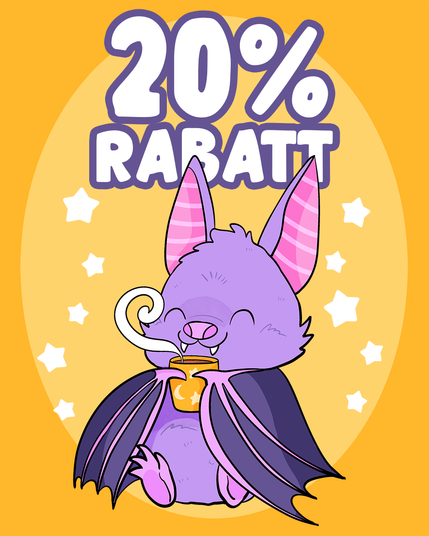 Comic Illustration: Eine violette Fledermaus sitzt auf dem Boden und hält mit den Flügeln eine Tasse Tee. Sie sieht glücklich und zufrieden aus. Darüber steht: 20% Rabatt. Der Hintergrund ist ein warmes Gelb