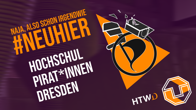 Thread-Thumbnail mit verwischtem lilagefärbtem Hintergrund.

Von links oben nach rechts unten:

Organener Text
"Naja, also schon irgendwie #Neuhier"

Weißer Text
"Hochschulpirat*innen Dresden"

Auf der rechten Seite des Bildes. Das Logo der Hochschulpirat*innen und die Logos der beiden großen Dresdner Universitäten
TU Dresden und HTWD