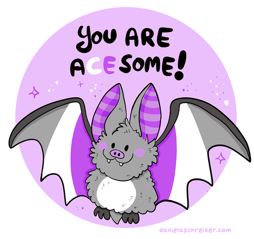 Comic Illustration: eine fröhliche kleine Fledermaus coloriert in den Farben der Ace-Pride Flag: Schwarz, grau, weiß und violett. Darüber steht in Englisch: Your are ACESOME!